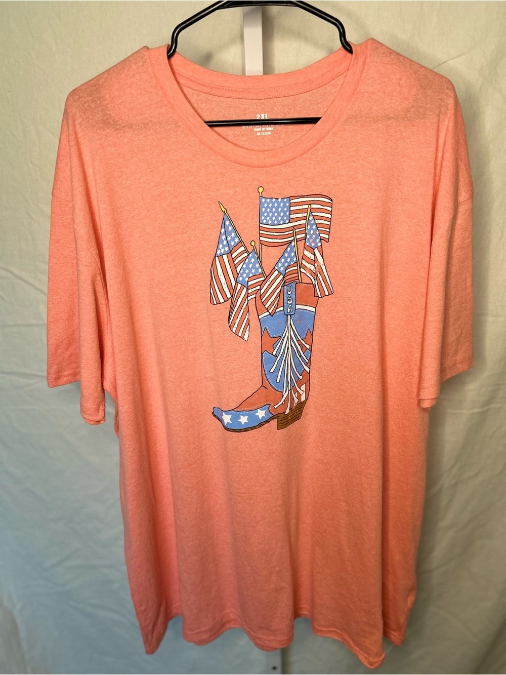 Patriotic Cowboy Boots American Flag Graphic Tee Peach 2XL 4th of July/ Concert